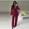 Chic Feather Blazer Pants Set Women Lapel Shoulder Pads Full Sleeve Jacket Pocket Straight Pant Spring Autumn Lady Suit