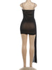 Women Black Mesh Ruched Trailing Strap Dress Glam Square Neck Bodycon Club Outfit Ladies Night Party Apparel
