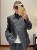 Women Irregular Plaid Blazer Jacket Stand Collar Full Sleeve Split Loose Short Coat Female Daily Commute Outerwear