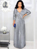 Elegant Women's Long Dress Long Sleeve Bronzing Pleated Dress With Belt High Waist V-neck Party Dresses Robe Femme
