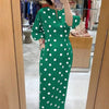 Elegant Women Dots Print Dress Summer Slim 3/4 Sleeve Vestidos V-Neck Party Midi Robe Office Pocket Dresses