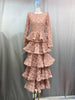 Elegant Spliced 3D Flower Dresses for Women O Neck Long Sleeves High Waist Patchwork Ruffles Folds Dress Female