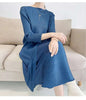 Pleated Solid Color Dress For Women Round Neck Loose Mid-calf Dresses Office Lady Female Spring 2N749
