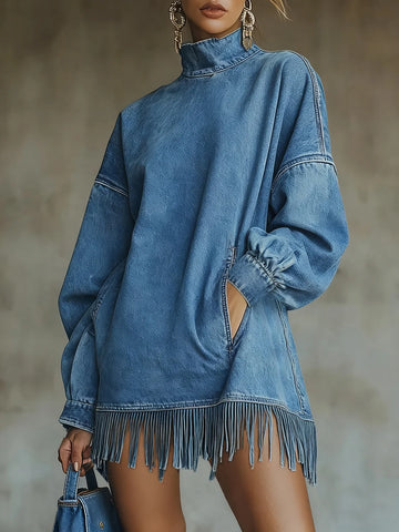 Denim Vintage Dresses Women Half High Collar Solid Color Tassel Hem Dress Long Sleeve Pocket Loose Sweatshirt Dress