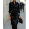 Elegant Temperament Satin Shirt Dress for Women Spring Solid Long-sleeved Blouse Dress Casual Office Lady Midi Dresses