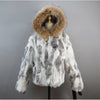 Russian Women Real Rabbit Fur Coats Winter Warm 100% Natural Rabbit Fur Jacket Lady Warm With Raccoon Fur Hooded Outerwear