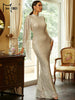 Elegant Apricot Sequin Muslim Party Dress Women Split Sleeve High Neck Bodycon Dubai Evening Dresses Prom Gown