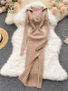 Women Korean Knitted Dress Long Sleeve V Neck Elastic Slim Pencil Dresses Autumn Sexy Bodycon Split Sweater Dress