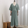 Causal 100% Cotton Women's Dress Vintage Crepe Gauze V-Neck Puff Sleeve Bandage Lace Up Elegant White Dresses Long Maxi Robe