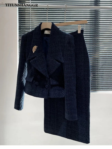 Autumn Winter Tweed Women's Suit High End Elegant Lapel Long Sleeve Short Jacket + Split Slim Skirt Solid Color 2 Piece Set