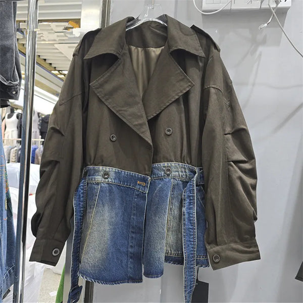 Contrasting Color Splicing Coat for Women Retro Suit Collar Double-breasted Denim Jackets
