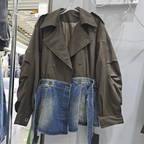 Contrasting Color Splicing Coat for Women Retro Suit Collar Double-breasted Denim Jackets