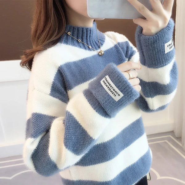 Sweater Women Turtleneck Pullover Stripe Thick Coarse Yarn Wool Warm Sweater Women Clothes Vestidos LXJ9005