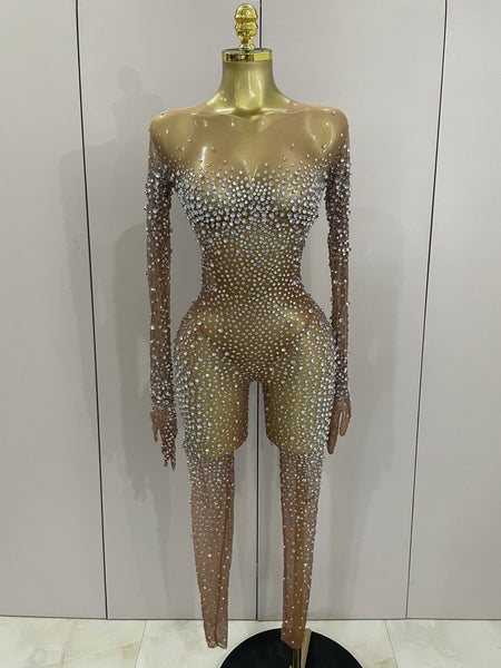 Sparkly Rhinestones Sexy Mesh See Through Bodycon Jumpsuit Women Birthday Gown Women Bar Nightclub Dancer Stage Outfit