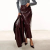 IG Women Burgundy Croc Faux Leather 2 Piece Suit Set Notched Lapel Slim Blazer Jacket High Waist Midi Pencil Skirt Elegant