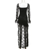 Mesh Patchwork Long Dresses Women Autumn Square Collar Flared Sleeve Ruffle Ribbon Street Sexy