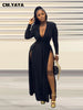 Plus Size Women Full Sleeve Evening Dresses Classic V-neck Maxi Vestidos Night Club Split Party Long Dress