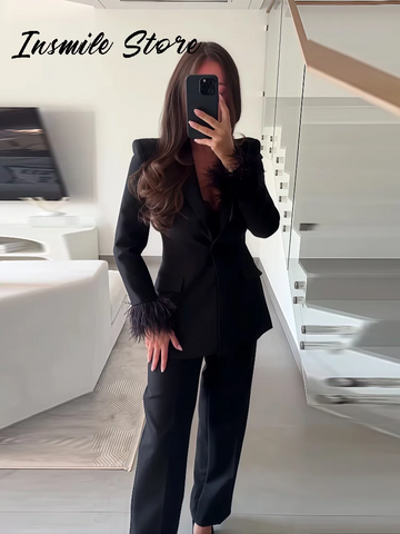 Chic Feather Blazer Pants Set Women Lapel Shoulder Pads Full Sleeve Jacket Pocket Straight Pant Spring Autumn Lady Suit