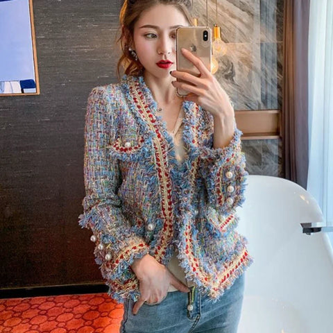 Chic Women Plaids Fringed Jacket Tweed Pearls Buckles Tweed Blazers Gold Silk Retro Checked Coat Spring Fall Cardigan Crop Tops