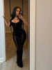 Women Black Velvet Sheer Maxi Dress Sexy Chic Mesh Patchwork Off-shoulder Waist Cinching Slim Maxi Dresses Club Party Gowns
