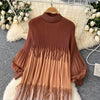 Tassel Patchwok Color Block Dress for Women Pleated Puff Sleeve Mid-calf Dresses Female Autumn