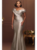 Satin Off Shoulder Mermaid Evening Gown Wrap Ruched Bodycon Formal Maxi Dress Women Plus Size Elegant Wedding Guest Dress