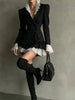 Women Black Double Breasted Blazer Dress Lace Ruffle Collar Cuffs Hem Peplum Slim Coat For Cocktail Party Elegant Evening Wear