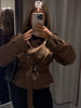 Elegant High Waist Jacket Stand Collar Double-breasted Belt Short Coat Autumn Winter Women Commute Evening Party Outfit