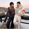 Printed Hooded Puffer Coat Suspender Ski Pants Zip‑Up Slim Fit Winter Women Snow Outfit Warm Lady Two‑Piece Ski Set