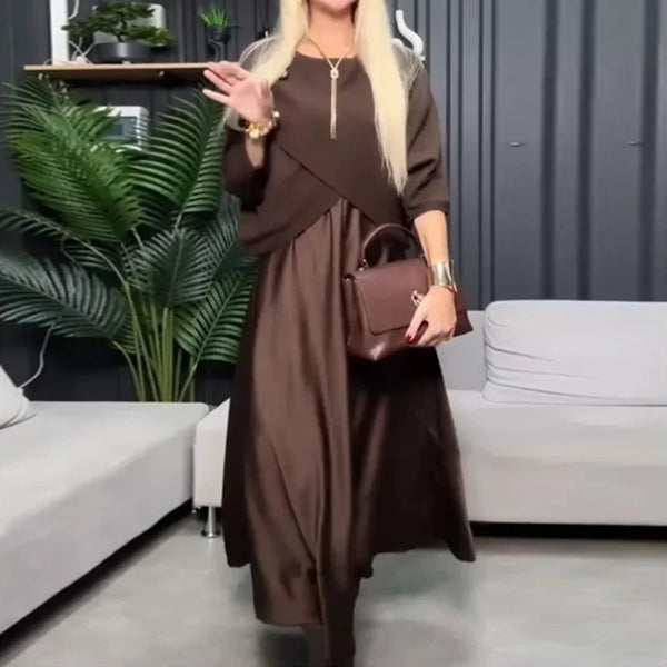 Cross Tops Patchwork Satin Dress Fake Two Piece Dresses Women Elegant O Neck Half Sleeve Loose Boho Long Dress Mujer