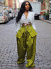 Women detachable pocket Zipper Fly Loose Wide Leg Pants Cargo Streetwear Safari Style Trousers
