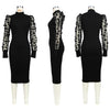 Elegant Women Floral Applique Mesh Long Sleeve Knit Ribbed Sweater Dress Autumn Winter Bodycon Dresses Vestidos