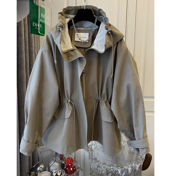 Spring Autumn Korean The Design Sense Niche Loose Casual Hem Drawstring Waist Hooded Windbreaker Female Long Coat Lady Top