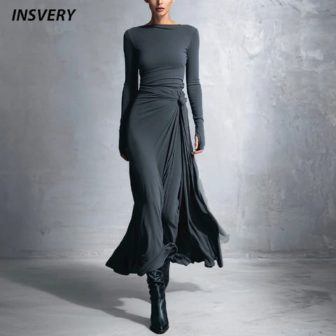 Elegant Long Sleeve Ruched Maxi Dresses For Women O Neck Slim A-Line Long Dress Women Evening Party Dress