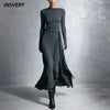 Elegant Long Sleeve Ruched Maxi Dresses For Women O Neck Slim A-Line Long Dress Women Evening Party Dress