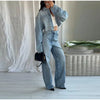 Denim Rhinestone Jacket Jeans Suits Women Single Breasted Lapel Short Coat Straight Pants Female Sets Autumn Street Casual