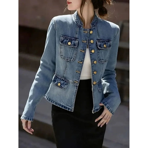 Women's Denim Jacket Spring Autumn Stand-up Collar Comfortable Lady Outerwear Long Sleeve Temperament Ladies Cowboy Coat