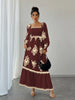 Women's All Over Print Shirred Bishop Sleeve A Line Dress, Long Sleeve Dress for Fall & Winter