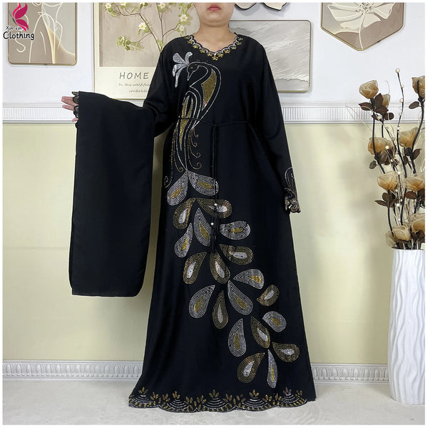 African Clothes Women Dashiki Dress Chiffon Abaya Long Sleeves Dress Islamic Casual Clothing Women Diamond Muslim Long Dress