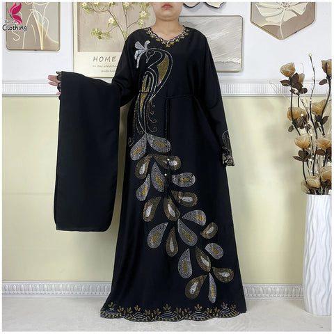 African Clothes Women Dashiki Dress Chiffon Abaya Long Sleeves Dress Islamic Casual Clothing Women Diamond Muslim Long Dress