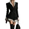 Women Black Double Breasted Blazer Dress Lace Ruffle Collar Cuffs Hem Peplum Slim Coat For Cocktail Party Elegant Evening Wear