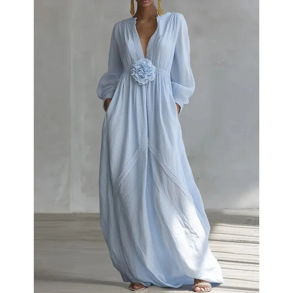 Boho Vacation Woman Maxi Dress 3D Flower V Neck Long Sleeve Solid Color Elegance Flowy Dresses Woman Spring Robes Vestidos