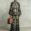 Women Flare Sleeve Printed 2 Piece Sets Stand Collar Loose Blouse High Waist Wide Leg Pants Suit Boho Solid Resort Casual Outfit