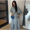 Striped Long Pants Set Color Block Turn Down Collar Three Quarter Sleeve Shirt Wide Leg Bottoms Casual Chic Women Outfits