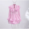 Solid Ruffle Mini Dress U Neck Long Puff Sleeve Tie Neck Tiered Hem Sweet Style Gown Soft Pastel Tones Chic Women Outfit