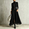 Women Vintage Boho Turtleneck Long Sleeve Maxi Dress Lace Hem Sashes Waist Flowy Long Dress Fall Winter Elegant Ladies Robe
