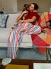 Colorful Striped Wide Leg Trousers Women Bohemian High Waist Multi-color Panelled Slim Straight Pants Lady Beachwear