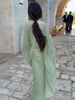 Elegant Green Lace V Neck Maxi Dress Women Chic Full Flared Sleeve Pleated Slim Fit Layered Gown Evening Wedding Guest Robe