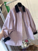 Retro Color Contrast Pink Polo Collar Loose Mid-length Coat for Women Spring and Autumn Korean Style Trench