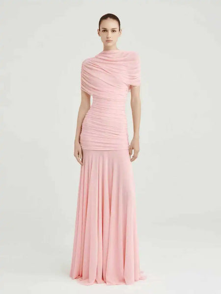 Women Ruched Maxi Dress Asymmetric Draped Sleeve High Neck Bodycon Mermaid Formal Evening Party Gown